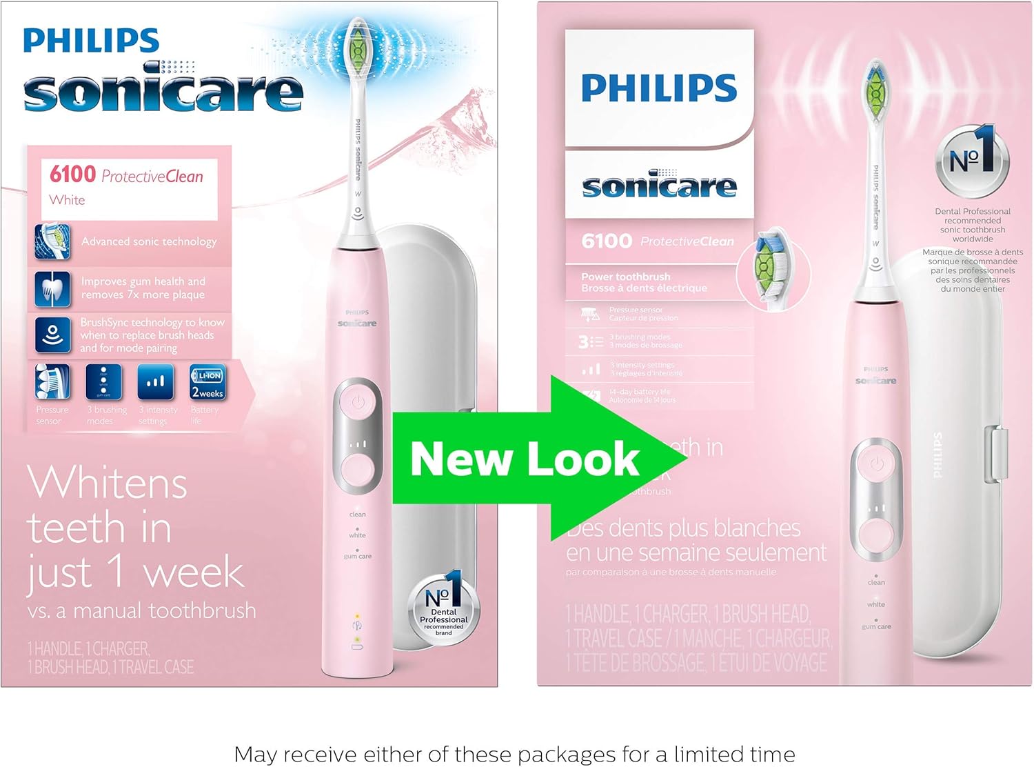 Philips Sonicare ProtectiveClean 6100 Rechargeable Electric Toothbrush, with Pressure Sensor, 3 Cleaning Modes, SmarTimer and QuadPacer, 14-Day Battery Life, Travel Case, Pink, Model HX6876/21